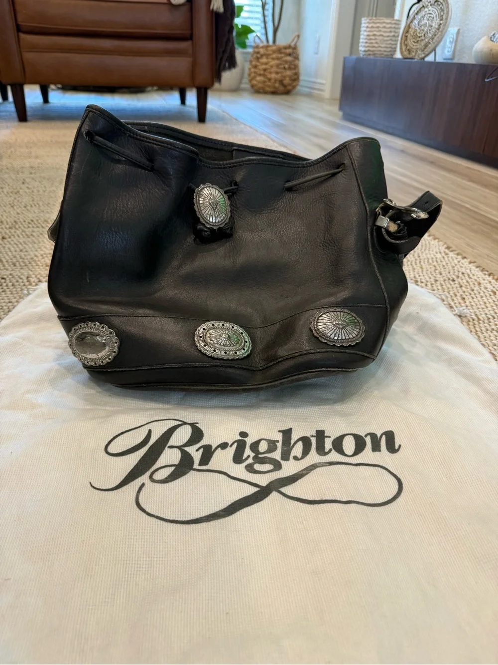 Brighton Black Leather Drawstring Shoulder Bag with Concho Medallions